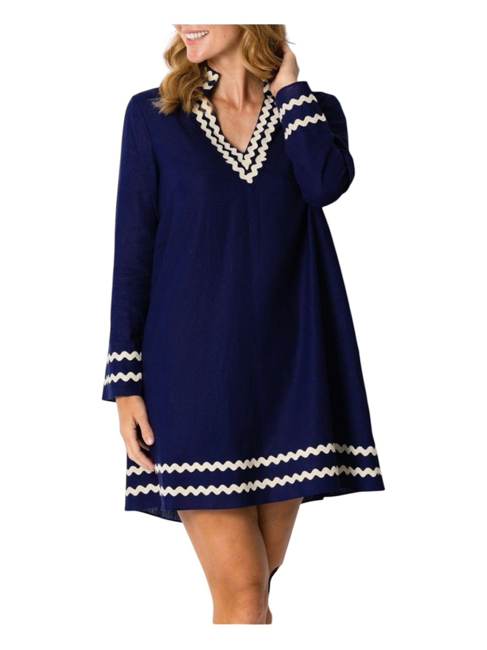 STS Sail To Sable Tunic Dress Womens Sz XS Blue Linen Blend V Neck Shift Ric Rac